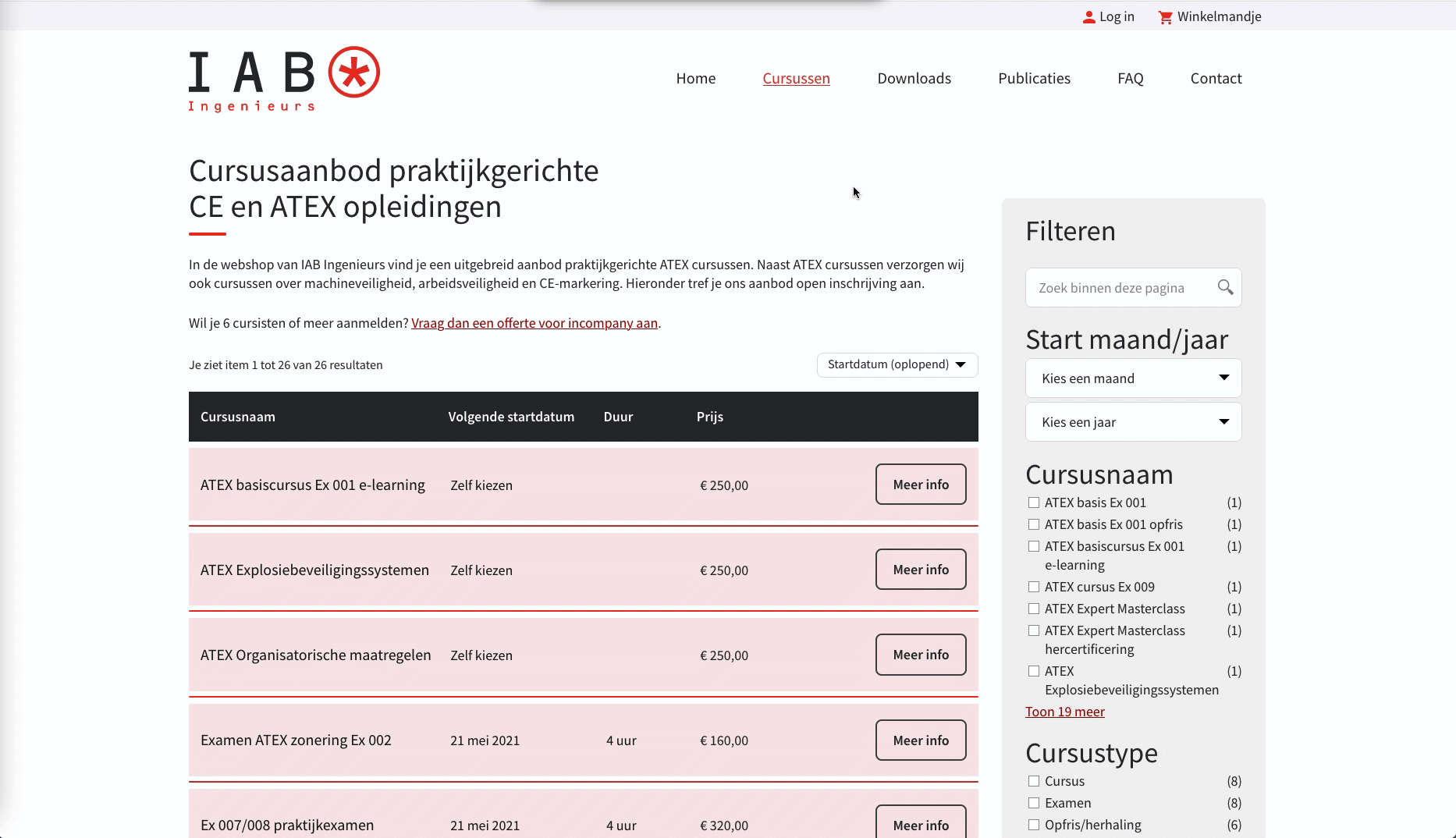 Animatie van het filteren van een cursus op de nieuwe homepage van de webshop van IAB Ingenieurs